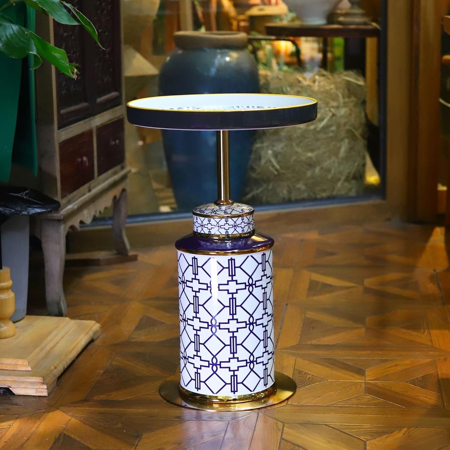 Diamond Pattern Vase-Shaped Side Table with Ceramic Tile Top – Accent Table for Coffee, Tea, or Nightstand Use in Living Room, Bedroom, Indoor & Outdoor Spaces