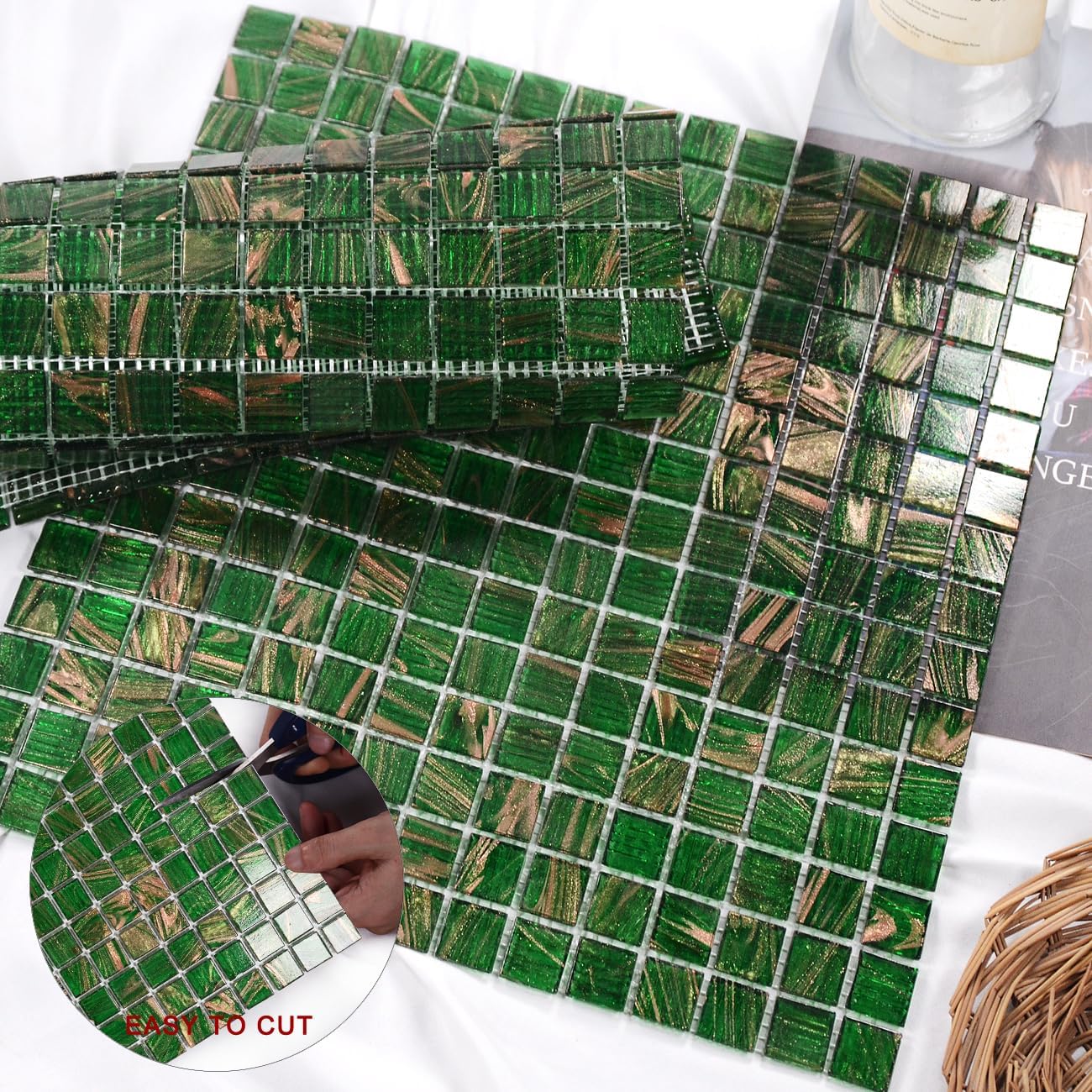 11.5sqft Emerald Green Mosaic Iridescent Bathroom Floor Tile, Pool Tile, Kitchen Backsplash, Bathroom Backsplash and Wall Tiles, Accent Wall, Swimming Pool, Shower, Fireplace,(10pcs, Green)