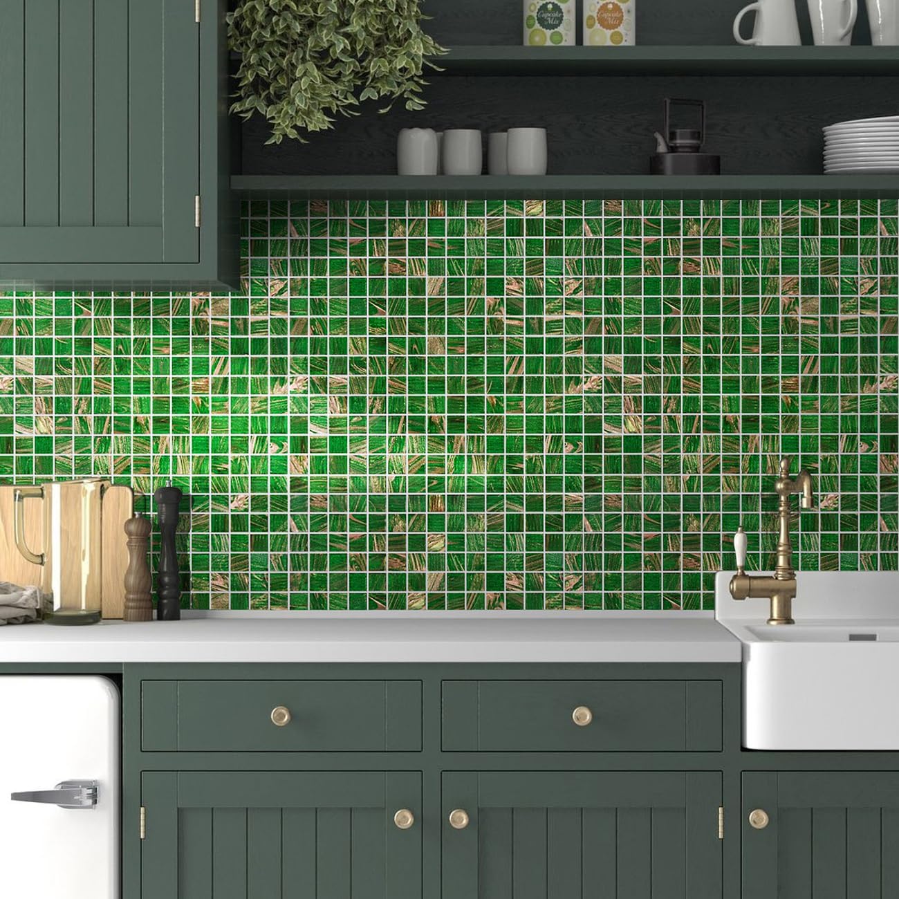 11.5sqft Emerald Green Mosaic Iridescent Bathroom Floor Tile, Pool Tile, Kitchen Backsplash, Bathroom Backsplash and Wall Tiles, Accent Wall, Swimming Pool, Shower, Fireplace,(10pcs, Green)