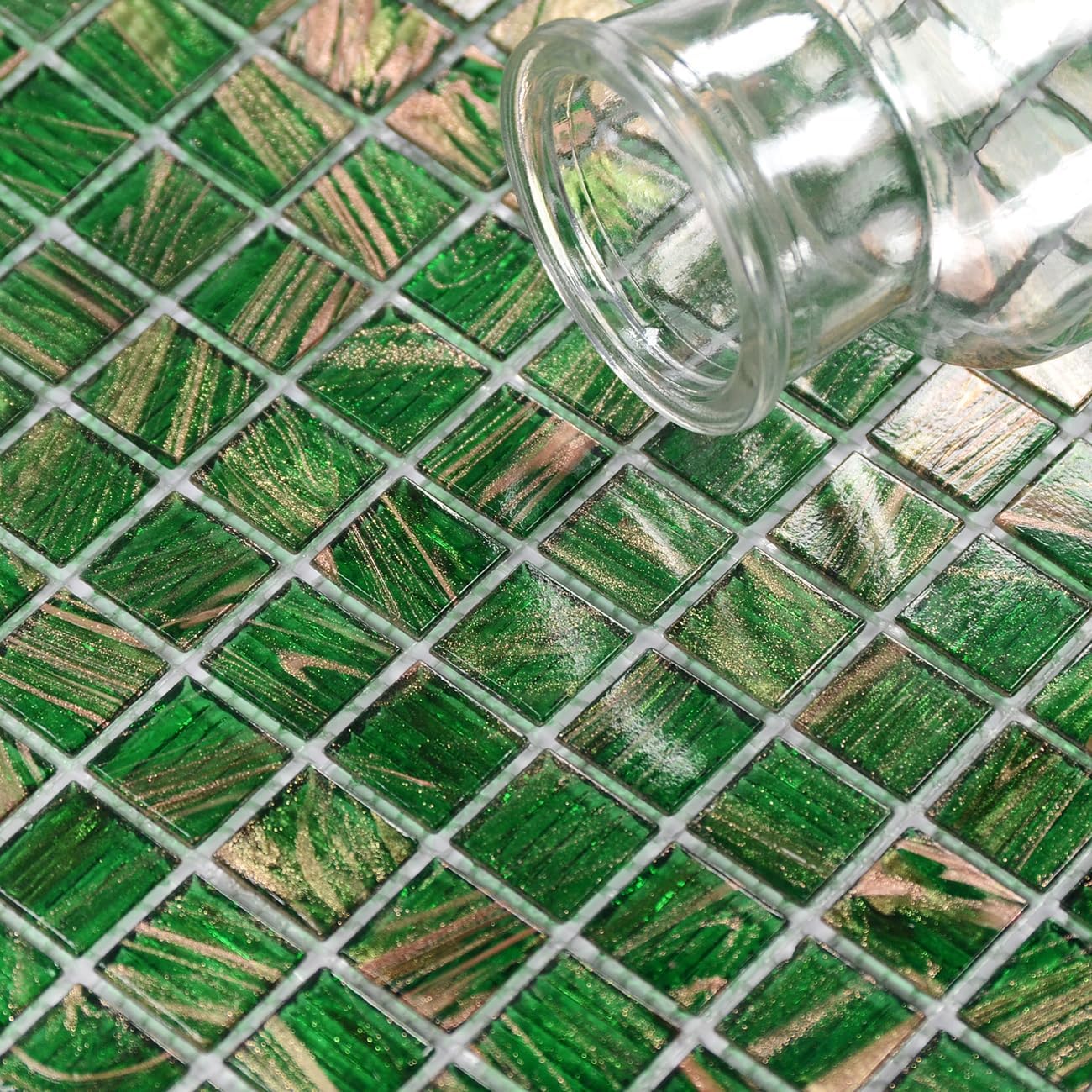 11.5sqft Emerald Green Mosaic Iridescent Bathroom Floor Tile, Pool Tile, Kitchen Backsplash, Bathroom Backsplash and Wall Tiles, Accent Wall, Swimming Pool, Shower, Fireplace,(10pcs, Green)