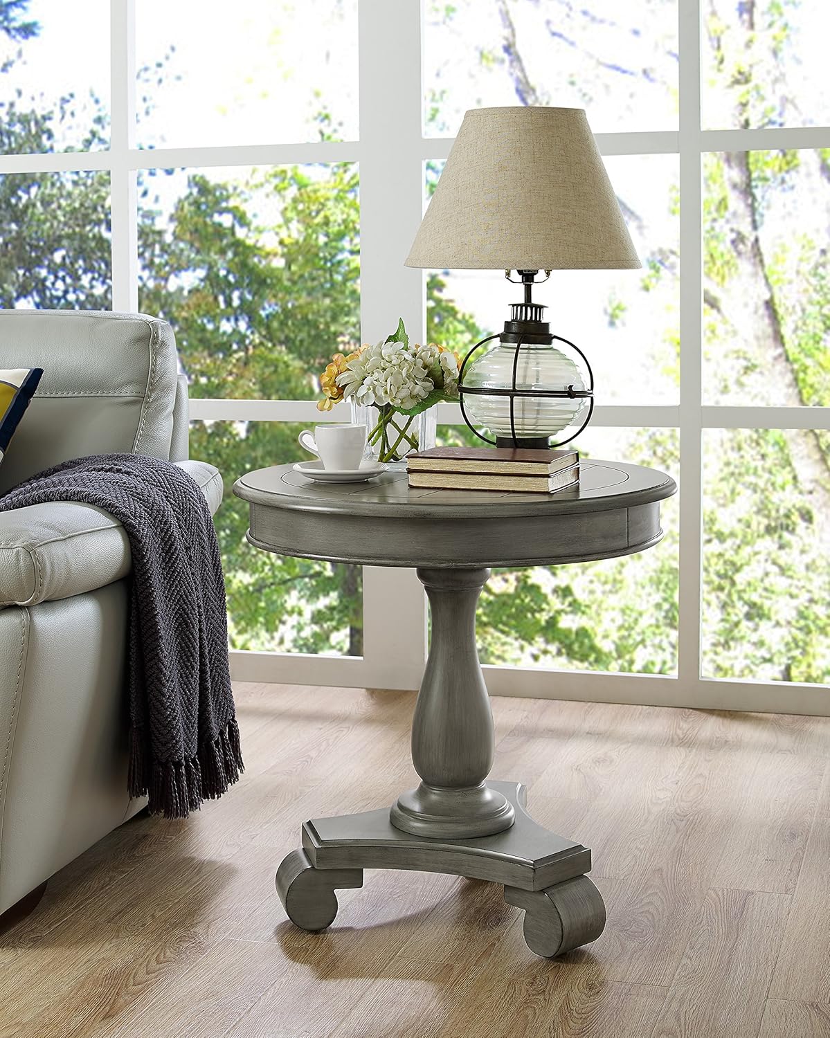 Roundhill Furniture Rene Round Wood Pedestal Side Table, Antique White