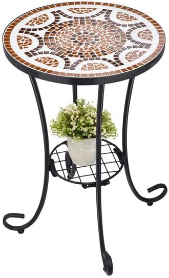 VCUTEKA Outdoor Side Table Mosaic Patio Table Accent Tables Mosaic Tile Top Metal Frame Small End Tables Porch Beach Patio Garden Balcony Tan