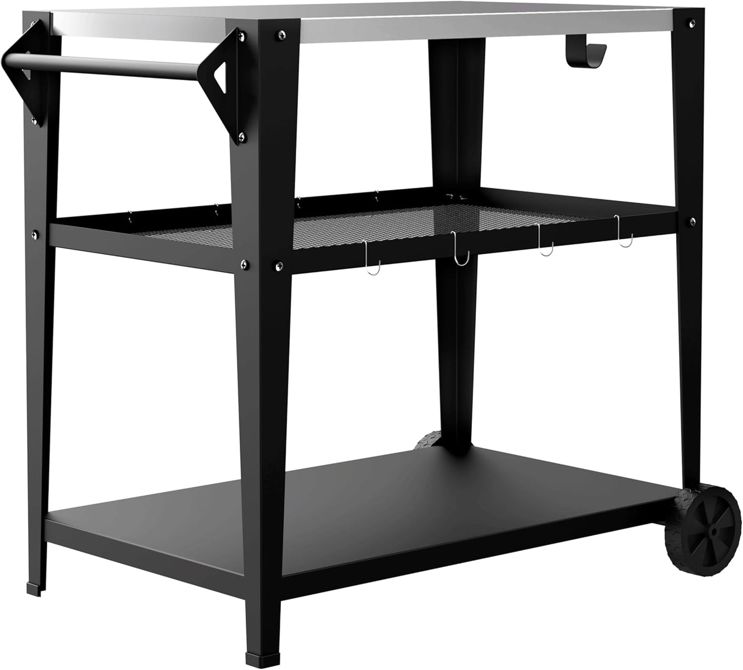 Stainless Steel Outdoor Grill Cart with Wheels, Heavy-Duty 3-Tier BBQ Prep Table for Pizza Oven, Griddle, Patio – Rustproof Commercial Kitchen Cart with Tool Hooks
