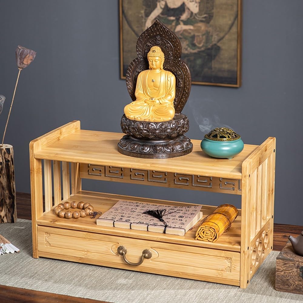 Floor Table, Altar Low 2-Tier Meditation Table with Drawers Bamboo Coffee Table for Sitting Japanese Tatami