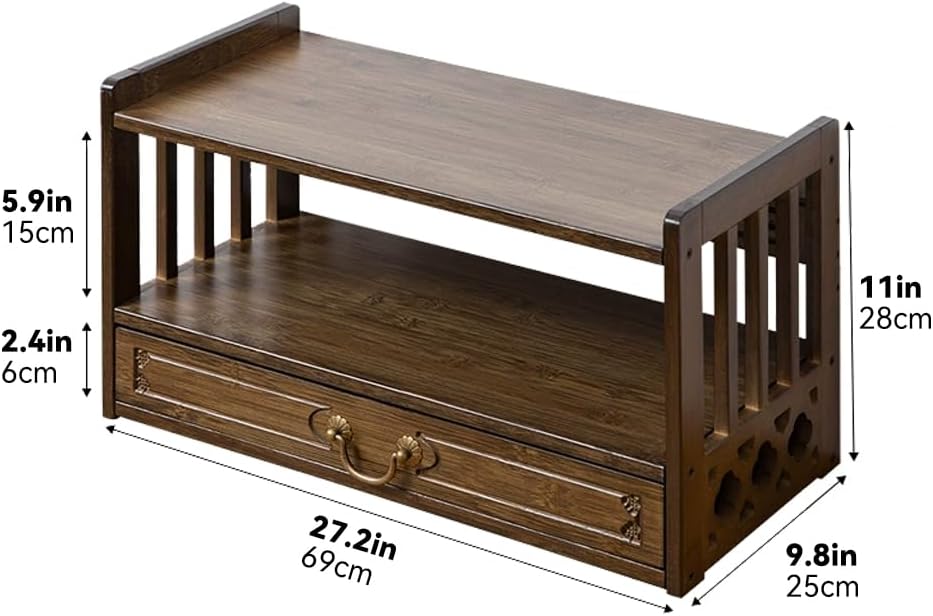 Floor Table, Altar Low 2-Tier Meditation Table with Drawers Bamboo Coffee Table for Sitting Japanese Tatami