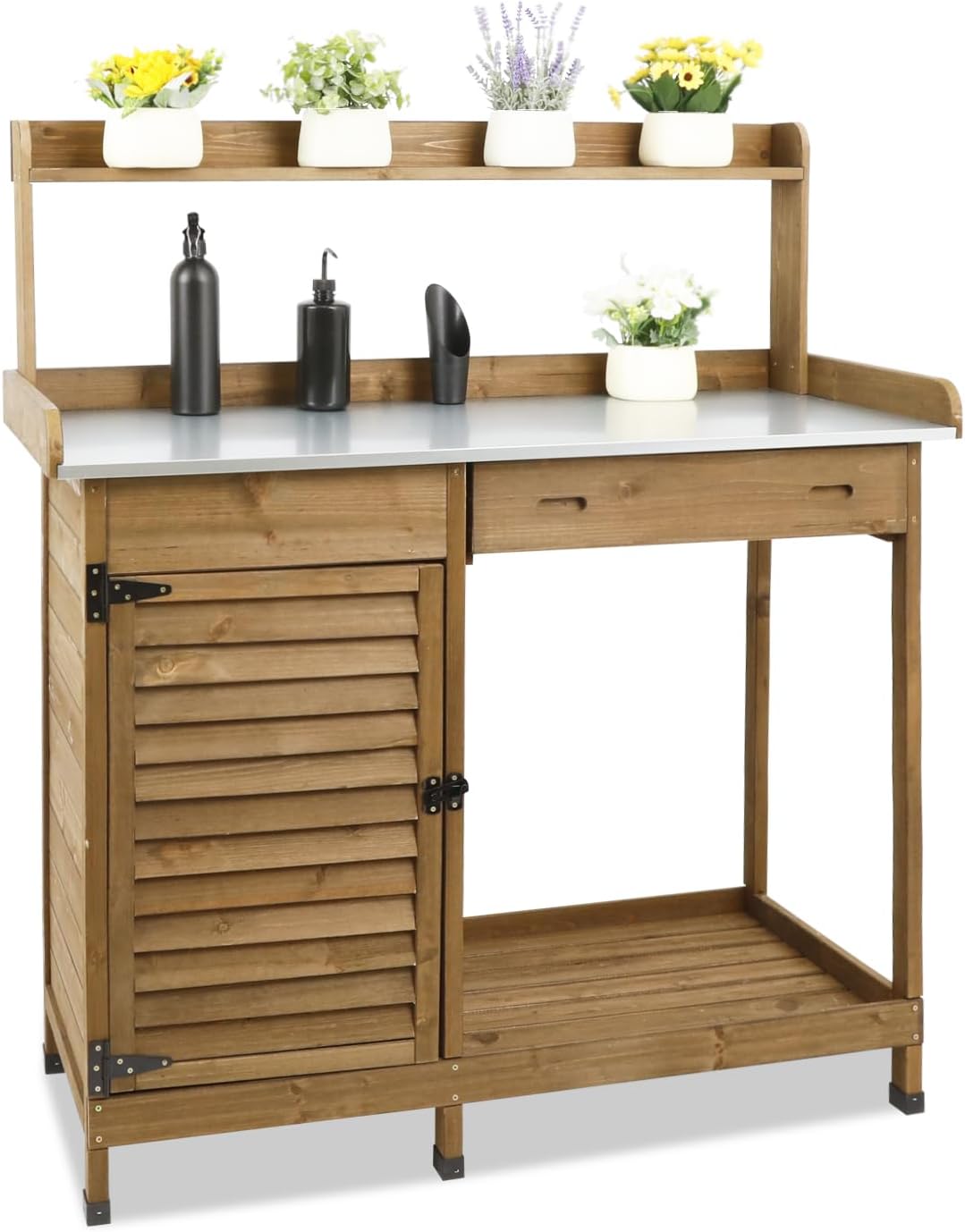 Garden Potting Benches & Tables,Outdoor Wooden Work Station W/Metal Table Top,Drawer,Large Bottom Shelf,Open Shelf Natural Wood-Natural Stained