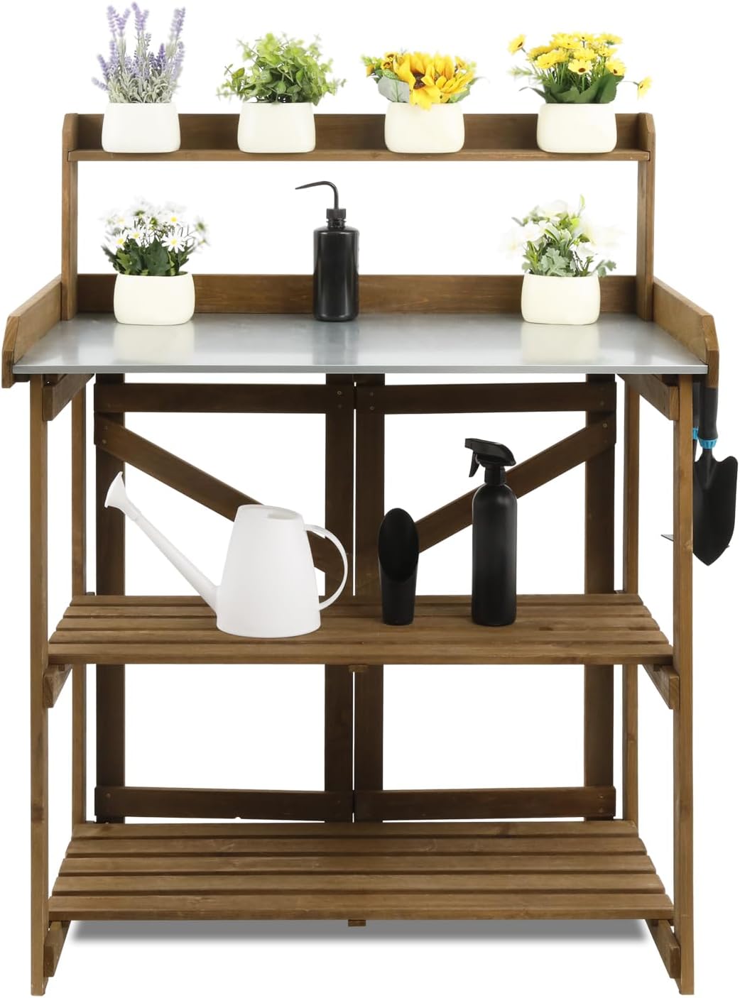 Garden Potting Benches & Tables,Outdoor Wooden Work Station W/Metal Table Top,Drawer,Large Bottom Shelf,Open Shelf Natural Wood-Natural Stained