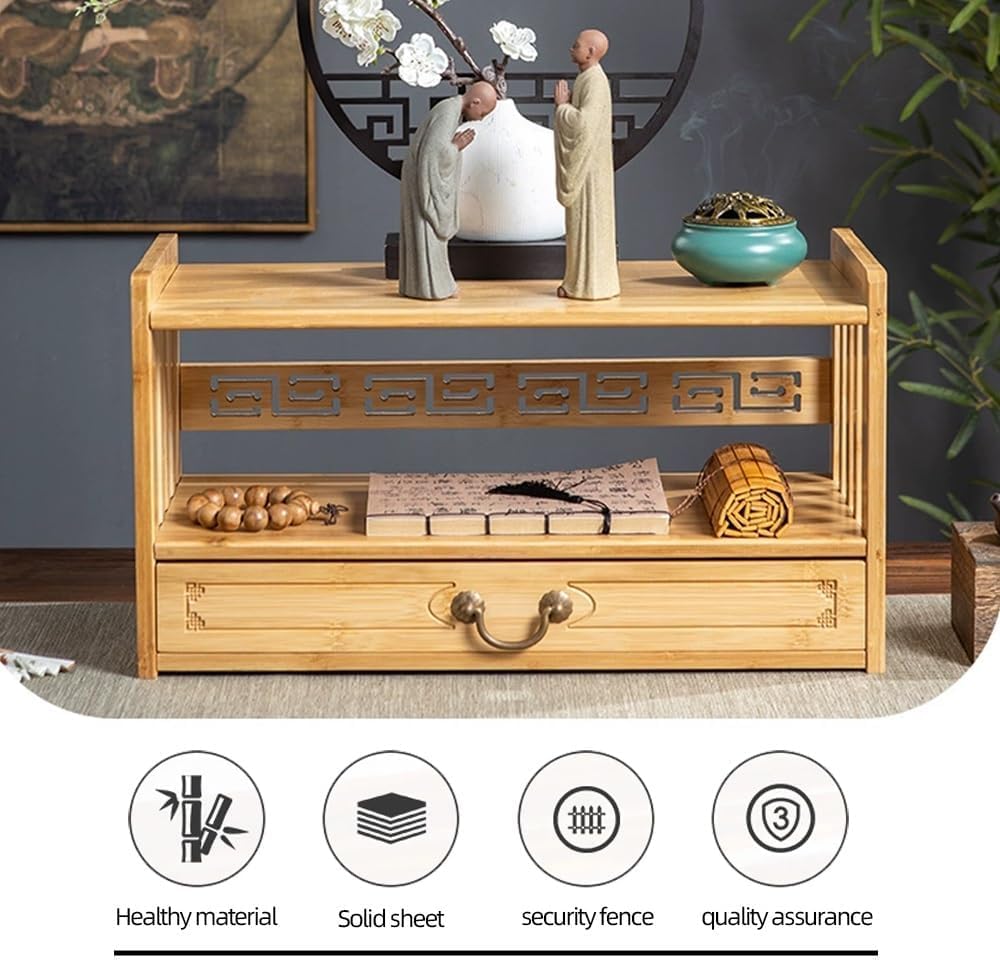 Floor Table, Altar Low 2-Tier Meditation Table with Drawers Bamboo Coffee Table for Sitting Japanese Tatami