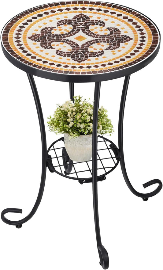VCUTEKA Outdoor Side Table Mosaic Patio Table Accent Tables Mosaic Tile Top Metal Frame Small End Tables Porch Beach Patio Garden Balcony Tan
