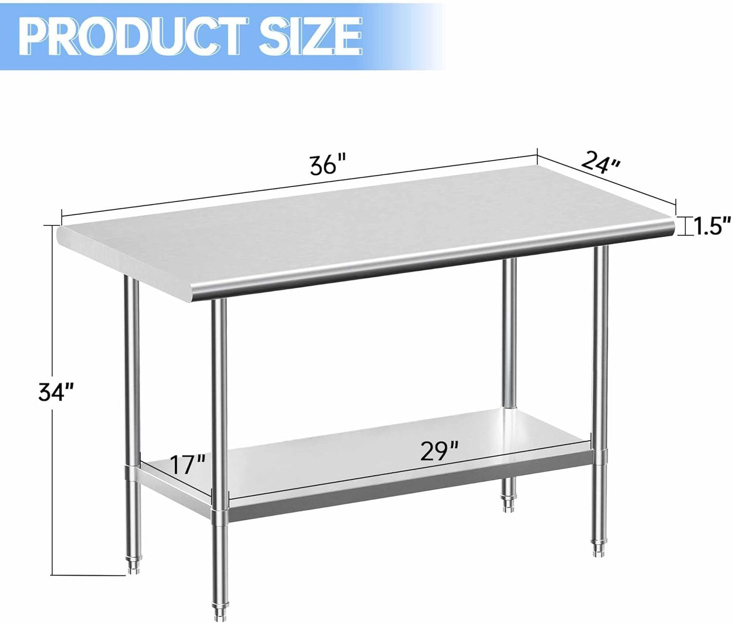 Stainless Steel Work Table, NSF Commercial Worktable with Undershelf and Legs for Restaurant, Home and Hotel - 24" D x 36" W x 34" H Inches