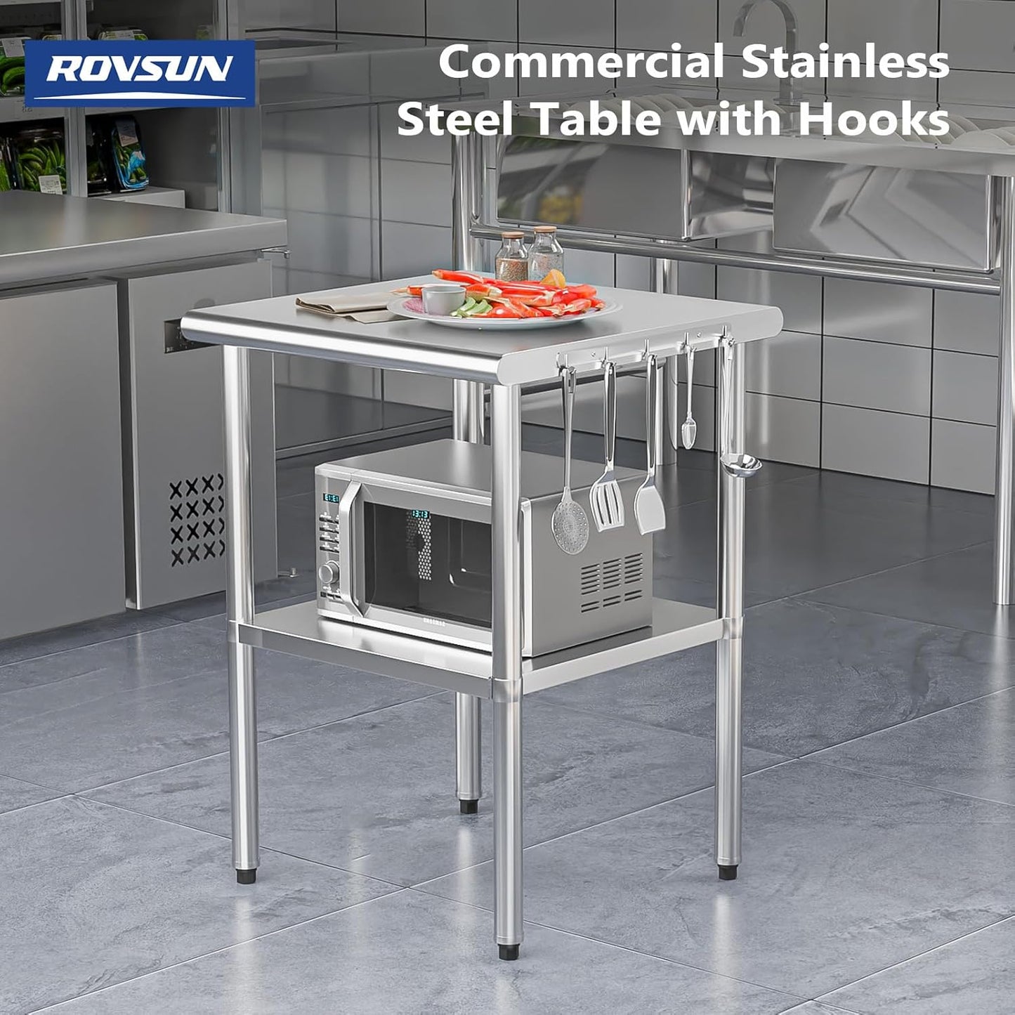 ROVSUN 24'' x 24'' Stainless Steel Table for Prep & Work,Commercial Worktables & Workstations, NSF Heavy Duty Metal Table with Adjustable UnderShelf for Kitchen Restaurant,Home,Hotel,Outdoor
