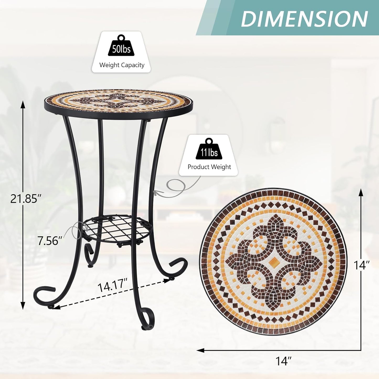 VCUTEKA Outdoor Side Table Mosaic Patio Table Accent Tables Mosaic Tile Top Metal Frame Small End Tables Porch Beach Patio Garden Balcony Tan