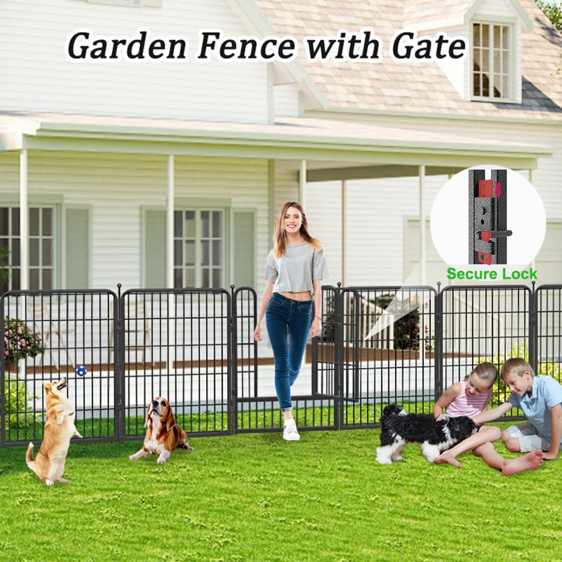 Garden Fence 32in x46ft 20 Pack Rustproof Metal Fence Panels No Dig Fence Animal Barrier with Gate & Secure Lock to Keep Dogs Out Fencing for Yard Flower Bed Edging for Patio Outdoor Decor