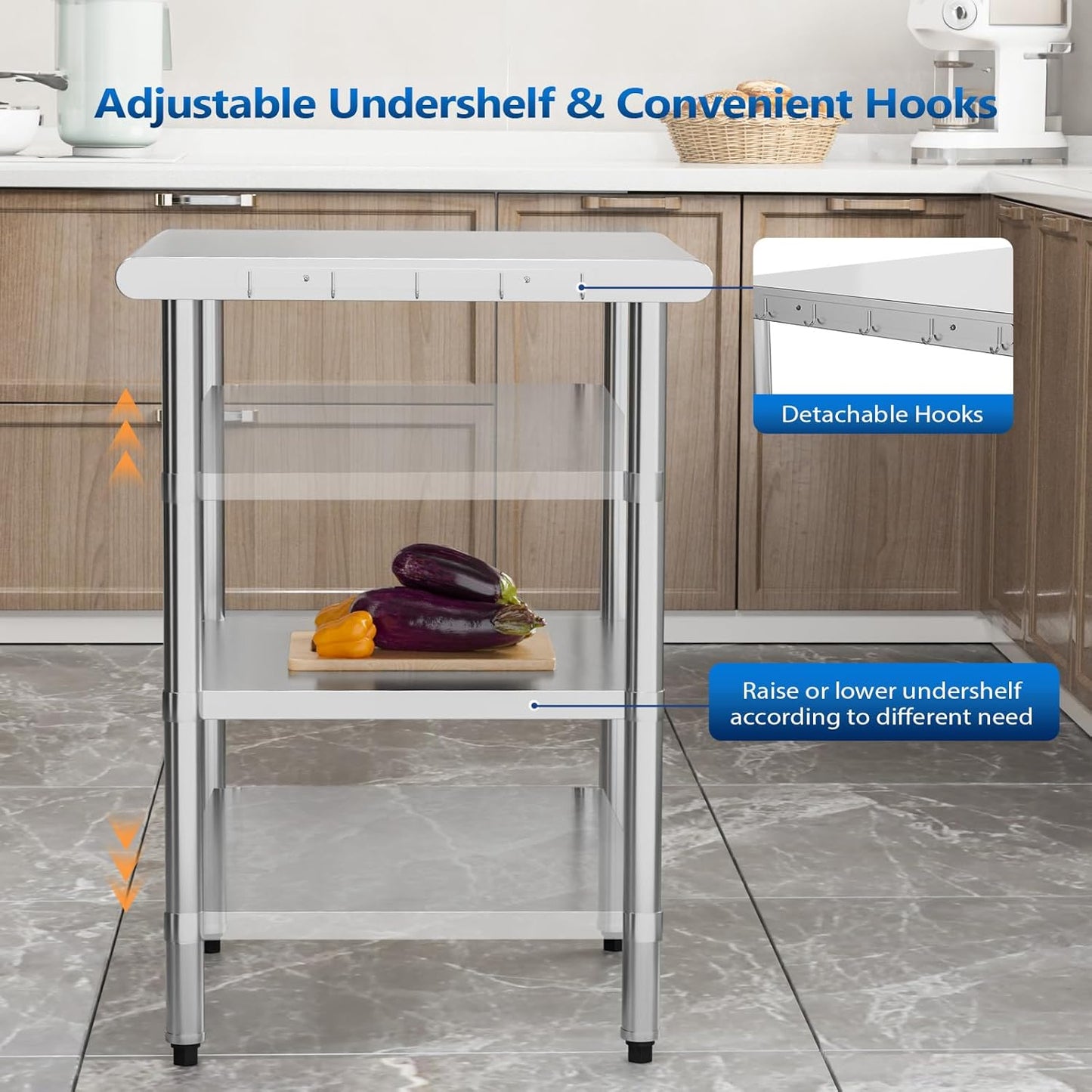 ROVSUN 24'' x 24'' Stainless Steel Table for Prep & Work,Commercial Worktables & Workstations, NSF Heavy Duty Metal Table with Adjustable UnderShelf for Kitchen Restaurant,Home,Hotel,Outdoor