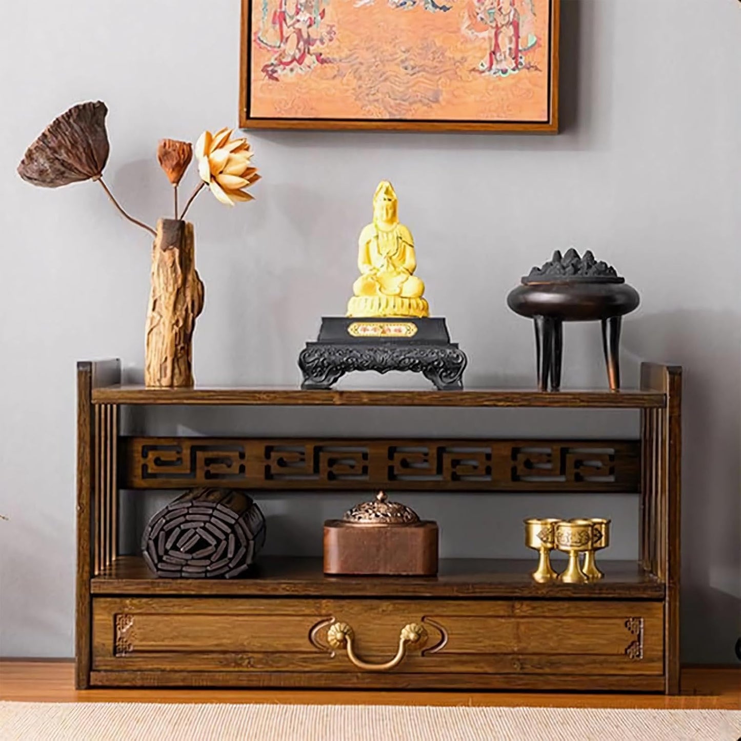 Floor Table, Altar Low 2-Tier Meditation Table with Drawers Bamboo Coffee Table for Sitting Japanese Tatami