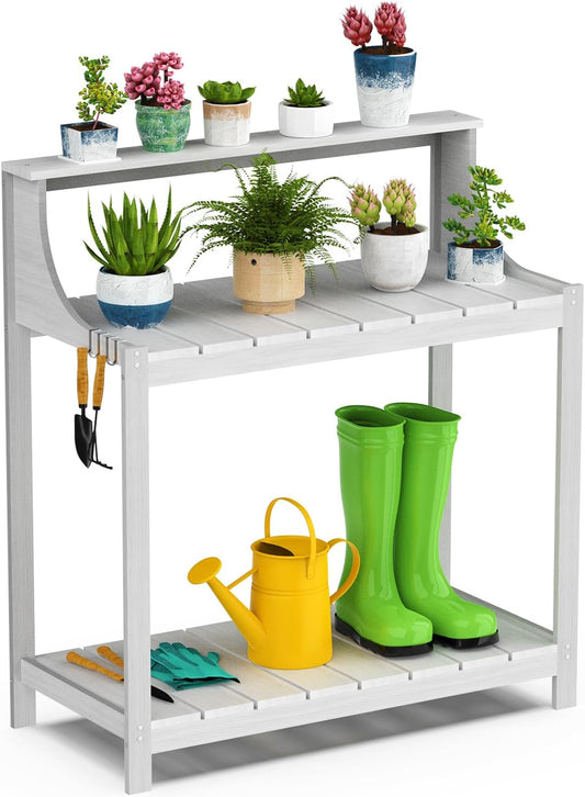 Premium Wood Potting Bench with Storage & Hooks - Durable All-Weather Garden Workstation for Patio, Deck & Yard - 360 lbs Capacity, Rust & Fade Resistant