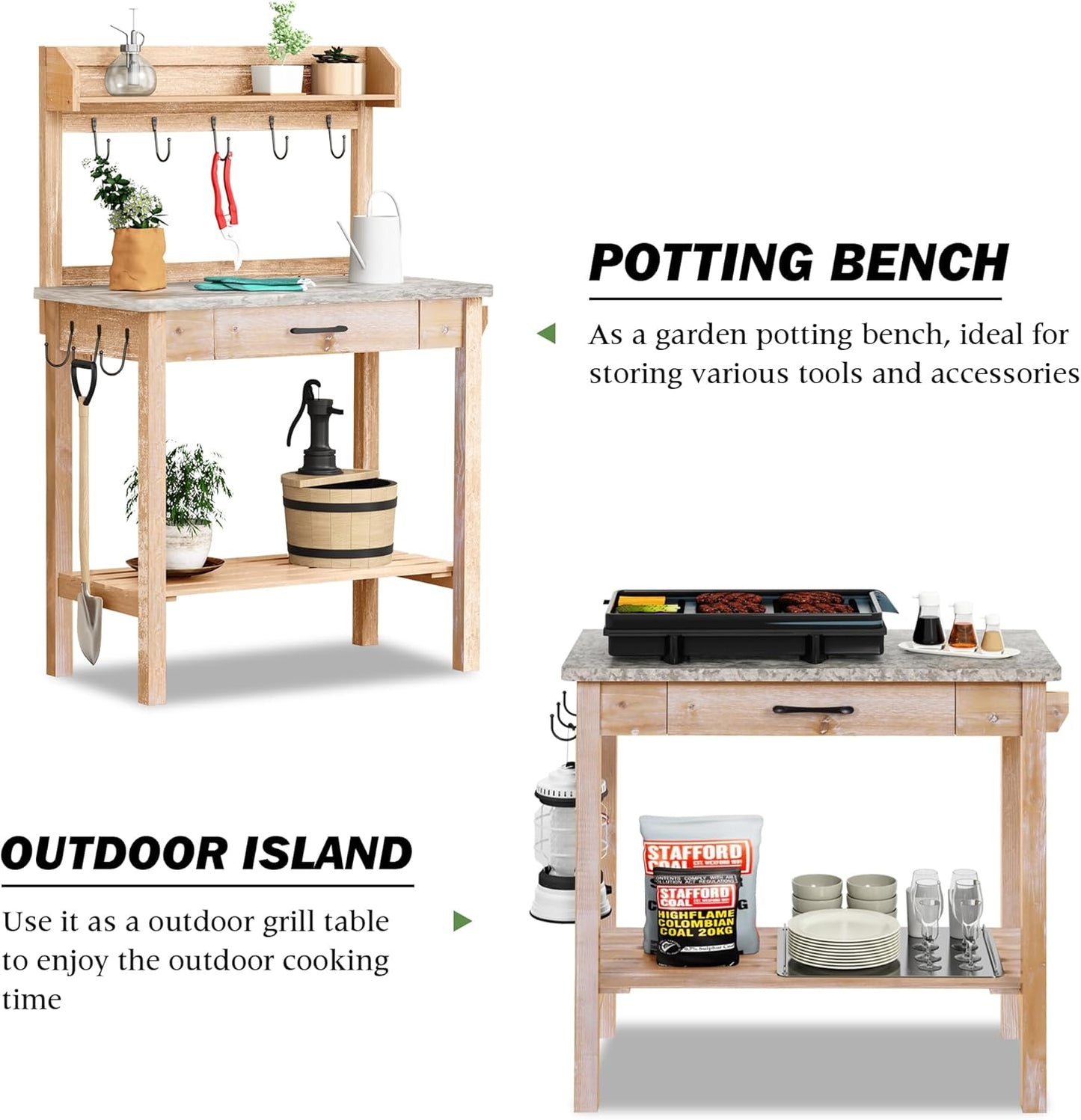 Outdoor Potting Bench Table with Metal Tabletop, Planting Table Potting Work Station with Storage Drawer and Removable Shelf Rack, Garden Potting Table for Outdoors