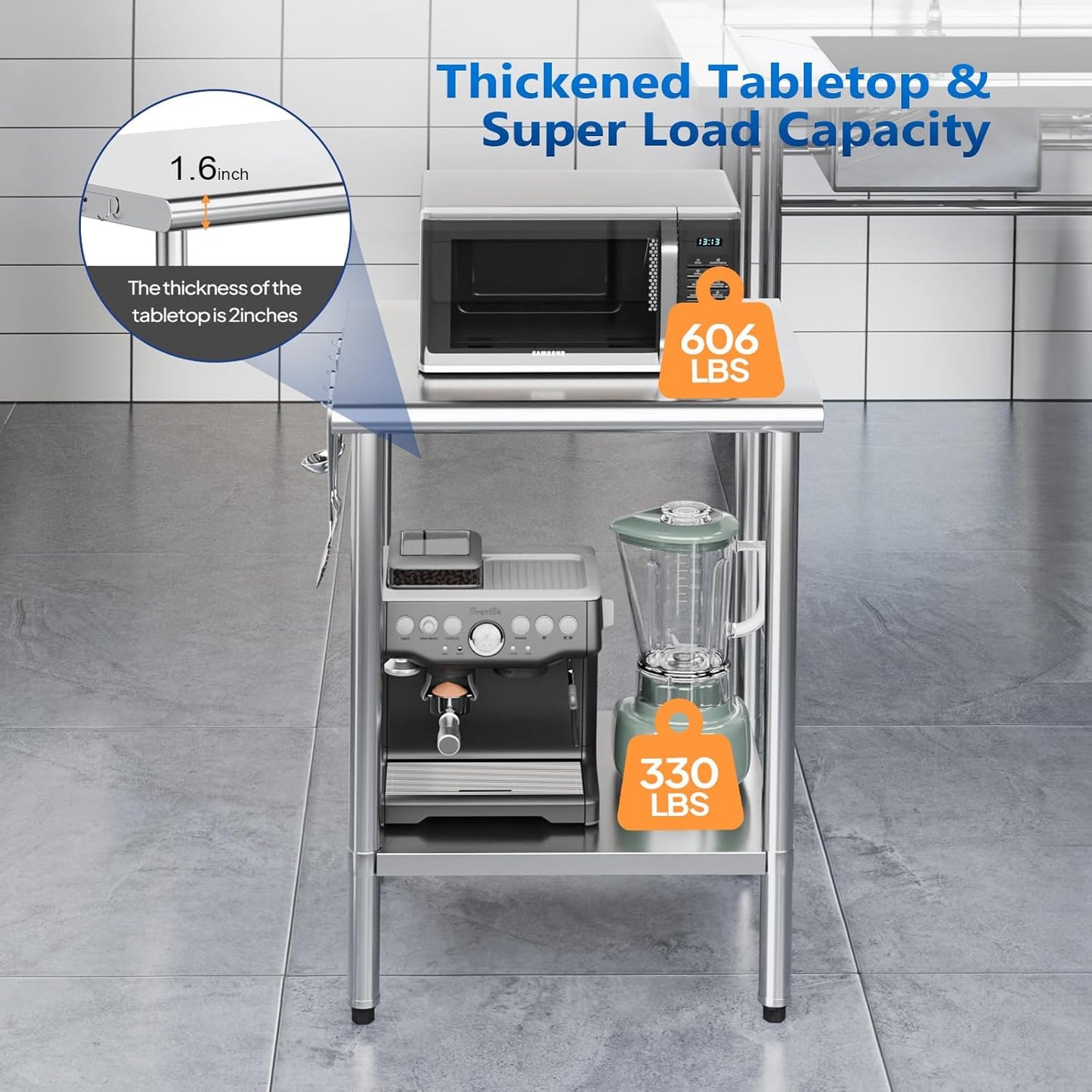 ROVSUN 24'' x 24'' Stainless Steel Table for Prep & Work,Commercial Worktables & Workstations, NSF Heavy Duty Metal Table with Adjustable UnderShelf for Kitchen Restaurant,Home,Hotel,Outdoor