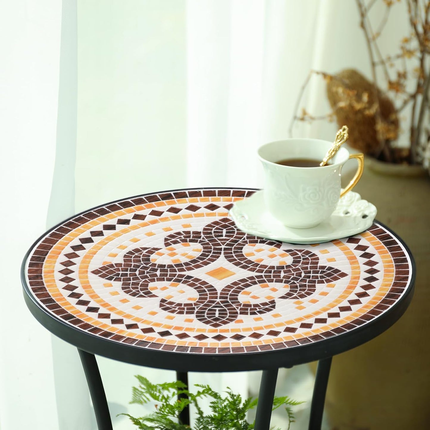 VCUTEKA Outdoor Side Table Mosaic Patio Table Accent Tables Mosaic Tile Top Metal Frame Small End Tables Porch Beach Patio Garden Balcony Tan