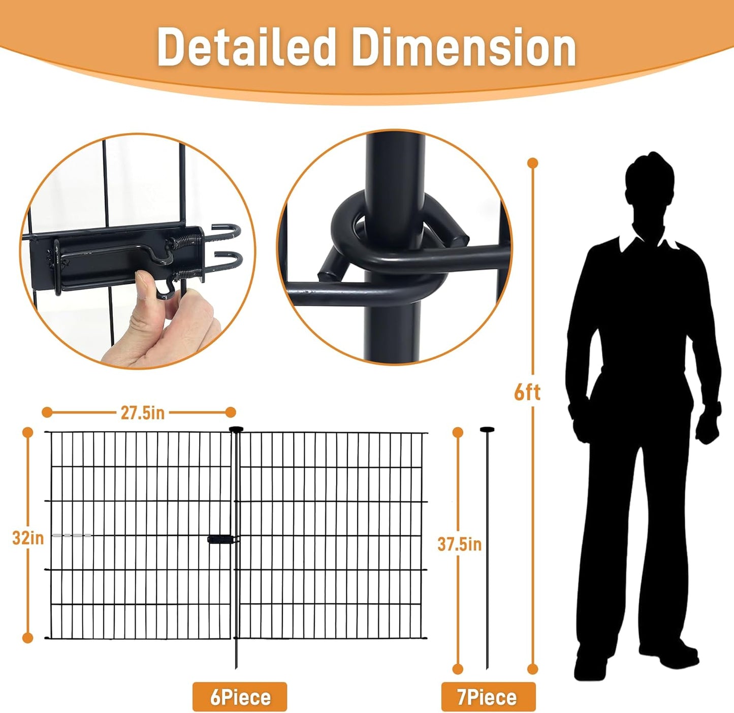 6 Panels Garden Fence Fencing for Yard,32 in(H) X 14 ft(L) with Gate Lock Outdoor Fence Animal Barrier Fencing Rustproof Metal Fence Panels for Dog and Rabbit