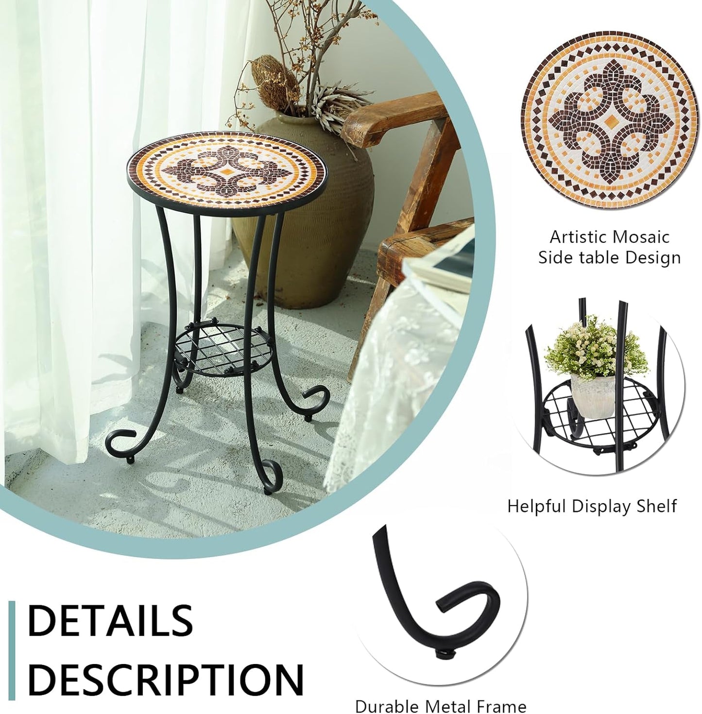 VCUTEKA Outdoor Side Table Mosaic Patio Table Accent Tables Mosaic Tile Top Metal Frame Small End Tables Porch Beach Patio Garden Balcony Tan