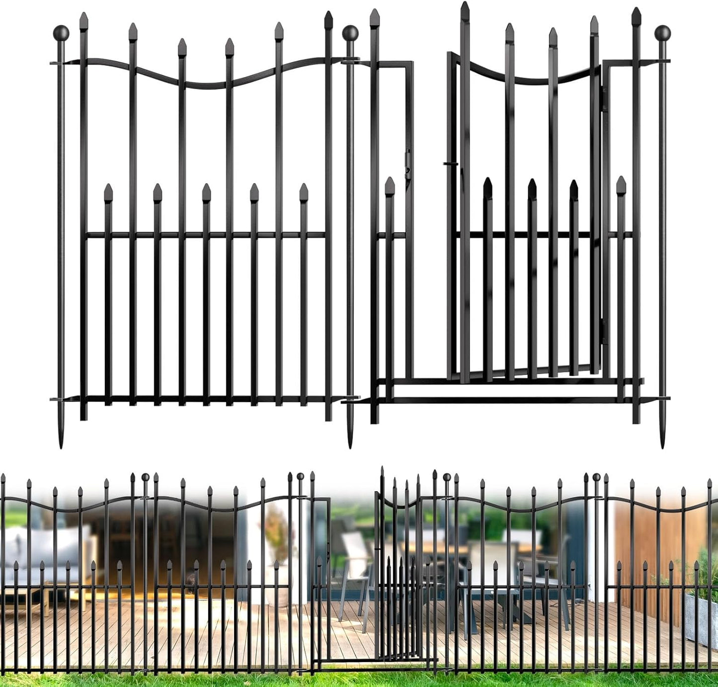 8 Panels No Dig Decorative Garden Fence with Gate, 40in(H) × 17.6ft(L) Heavy-Duty Rustproof Metal Panels, Outdoor Dog Barrier for Yard & Patio, Landscape, Border| Portable Temporary Fencing