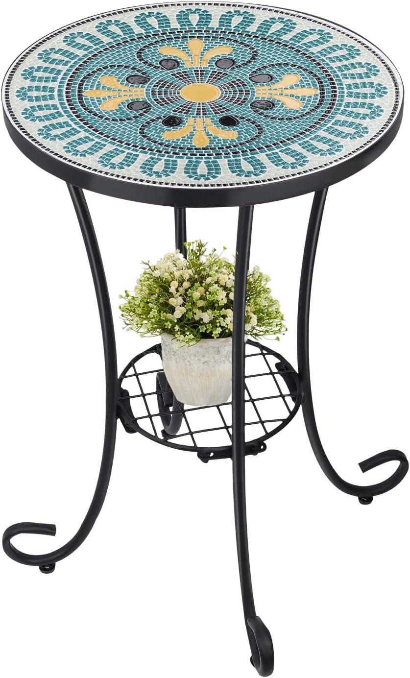 VCUTEKA Outdoor Side Table Mosaic Patio Table Accent Tables Mosaic Tile Top Metal Frame Small End Tables Porch Beach Patio Garden Balcony Tan
