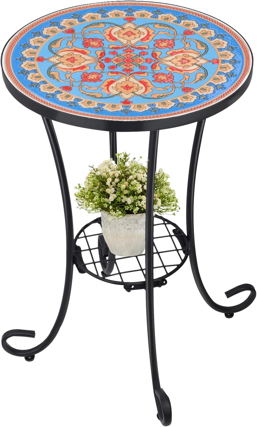 VCUTEKA Outdoor Side Table Mosaic Patio Table Accent Tables Mosaic Tile Top Metal Frame Small End Tables Porch Beach Patio Garden Balcony Tan