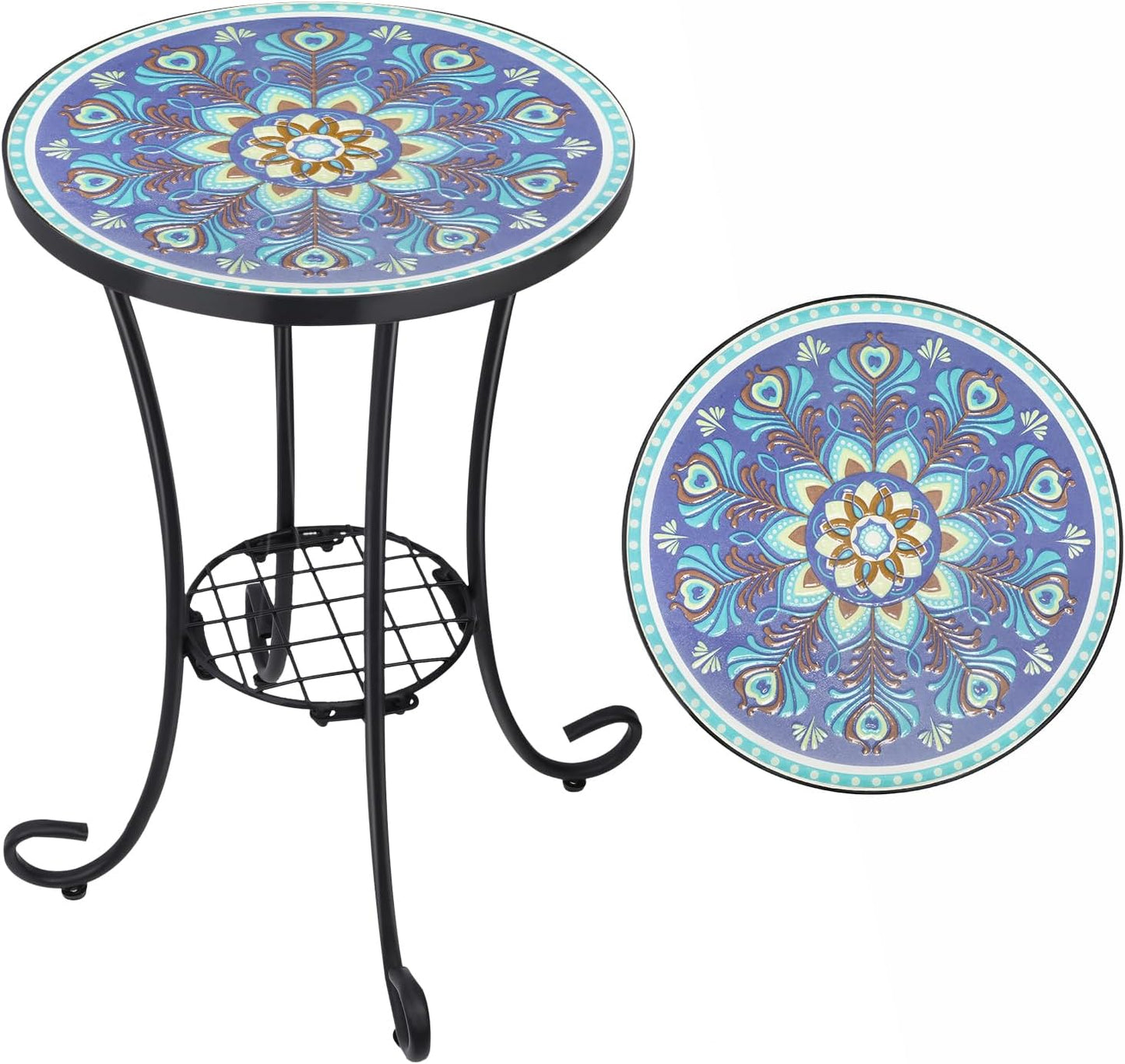 VCUTEKA Outdoor Side Table Mosaic Patio Table Accent Tables Mosaic Tile Top Metal Frame Small End Tables Porch Beach Patio Garden Balcony Tan