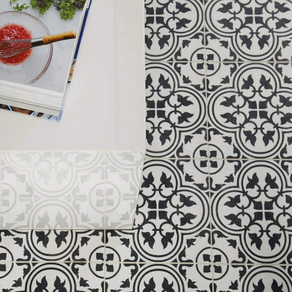12x12 Flora Black White Encaustic Ceramic Tile (10 Piece 10SF Pack)