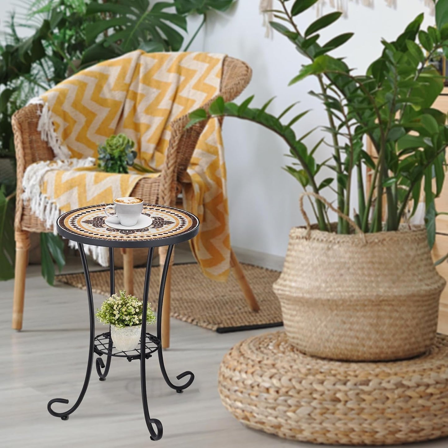 VCUTEKA Outdoor Side Table Mosaic Patio Table Accent Tables Mosaic Tile Top Metal Frame Small End Tables Porch Beach Patio Garden Balcony Tan