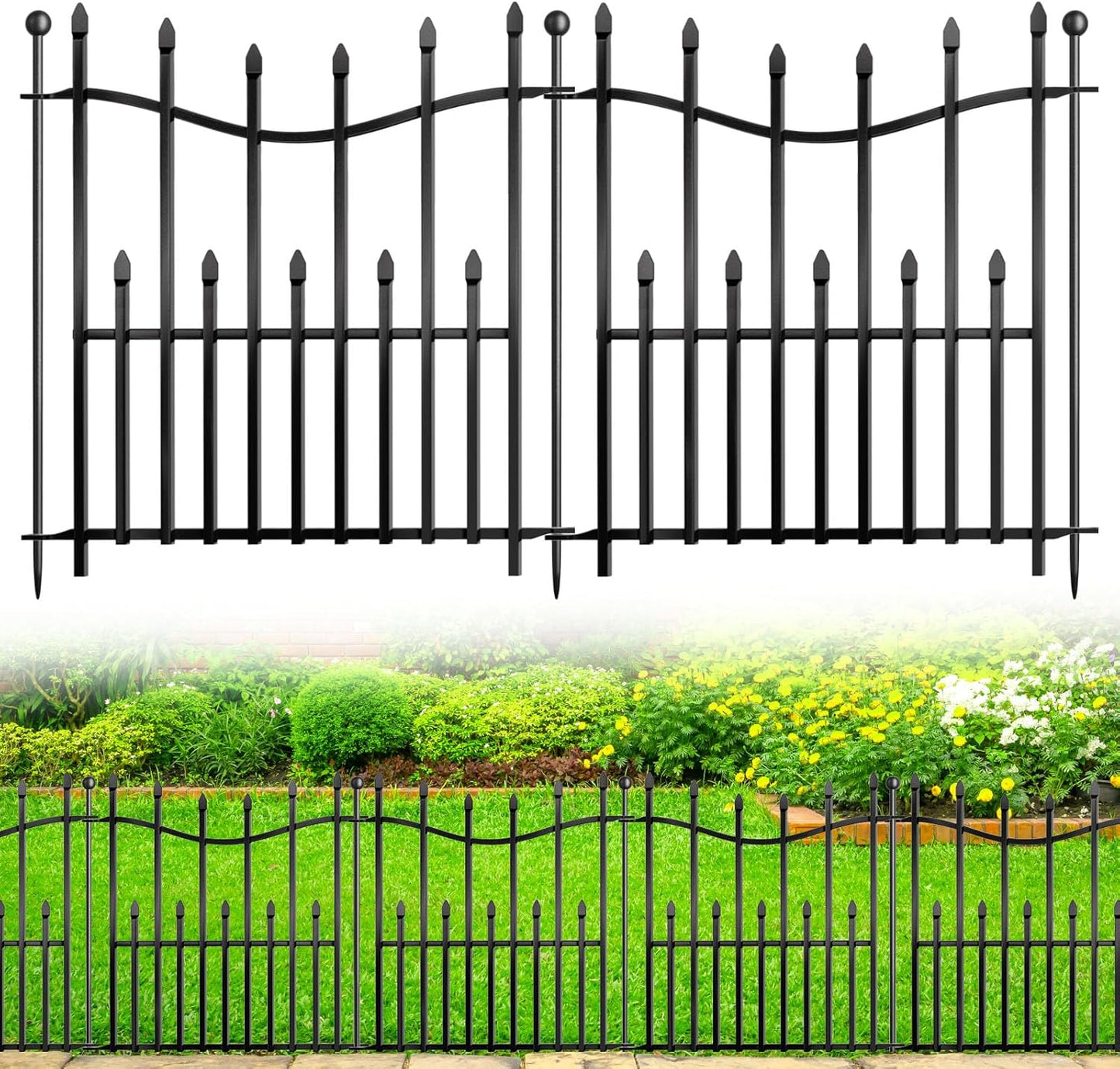 8 Panels No Dig Decorative Garden Fence with Gate, 40in(H) × 17.6ft(L) Heavy-Duty Rustproof Metal Panels, Outdoor Dog Barrier for Yard & Patio, Landscape, Border| Portable Temporary Fencing