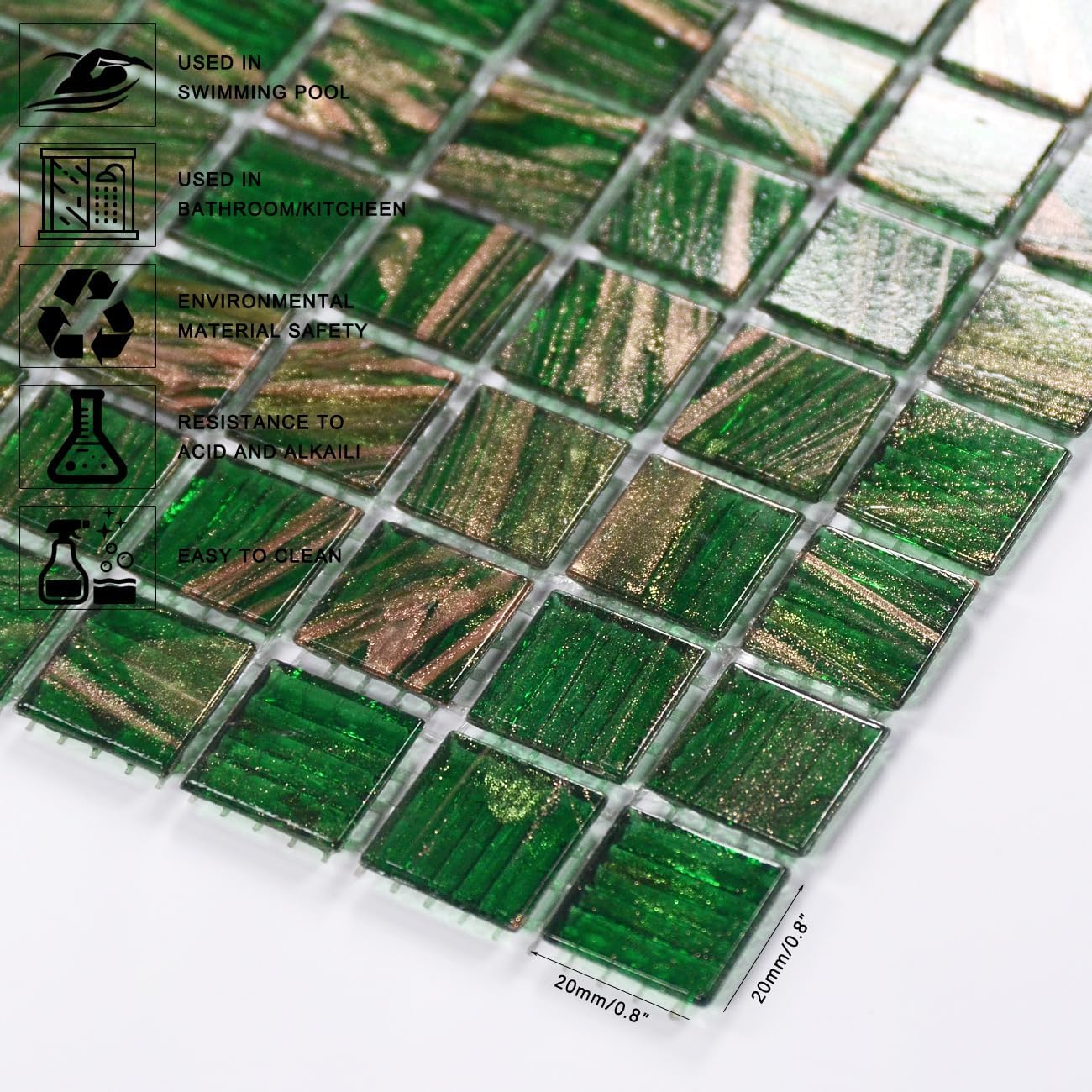 11.5sqft Emerald Green Mosaic Iridescent Bathroom Floor Tile, Pool Tile, Kitchen Backsplash, Bathroom Backsplash and Wall Tiles, Accent Wall, Swimming Pool, Shower, Fireplace,(10pcs, Green)