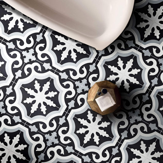 Tanger Handmade Cement Tile in Black and Grey, Pack of 12