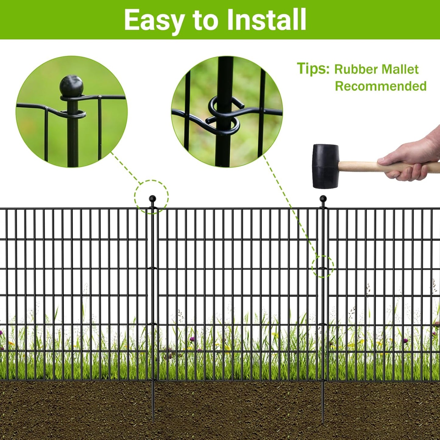 10 Panels No Dig Decorative Outdoor Garden Fence for Yard, 32 in(H) X 23.6 ft(L) Animal Barrier Fencing Rustproof Metal Wire Panel Border for Dog, Rabbits, and Patio Temporary Ground Stakes