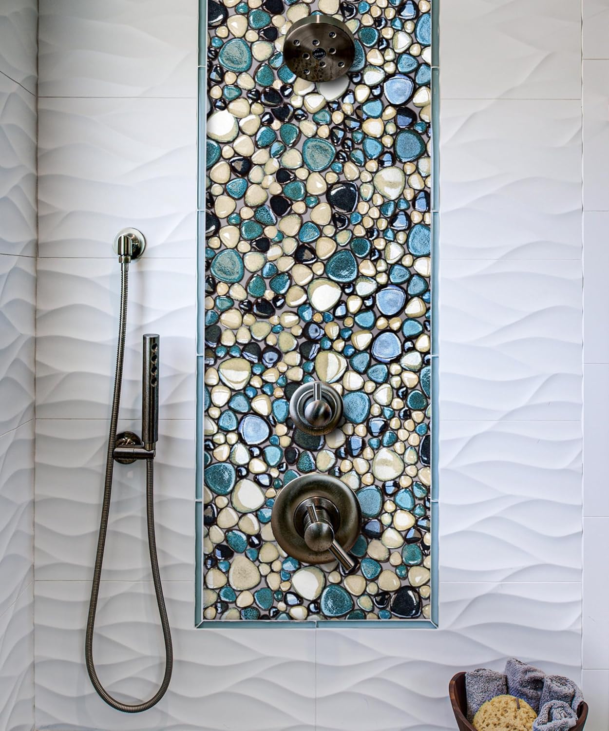 Pebble Tiles 5 Sheets, Aqua Teal Blue Mosaic Tiles for Accent Wall Backsplash, Pebble Tile for Bathroom Shower Floor