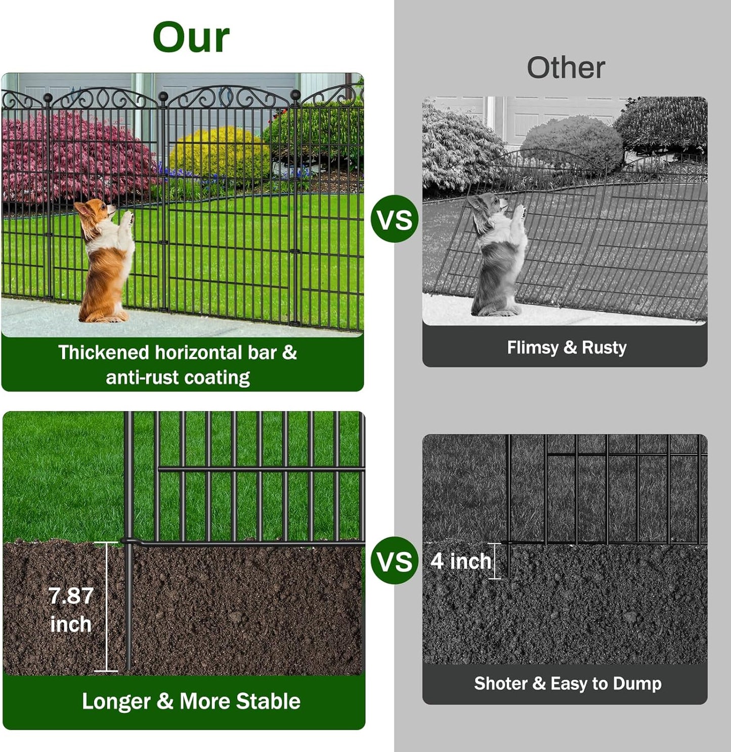 12 Panel No Dig Decorative Garden Fence with Gate - 42in H x 25.55ft L, Tall Animal Barrier for Dogs Rabbits, Rustproof Metal Wire Panels for Yard, Patio, and Outdoor Border Use
