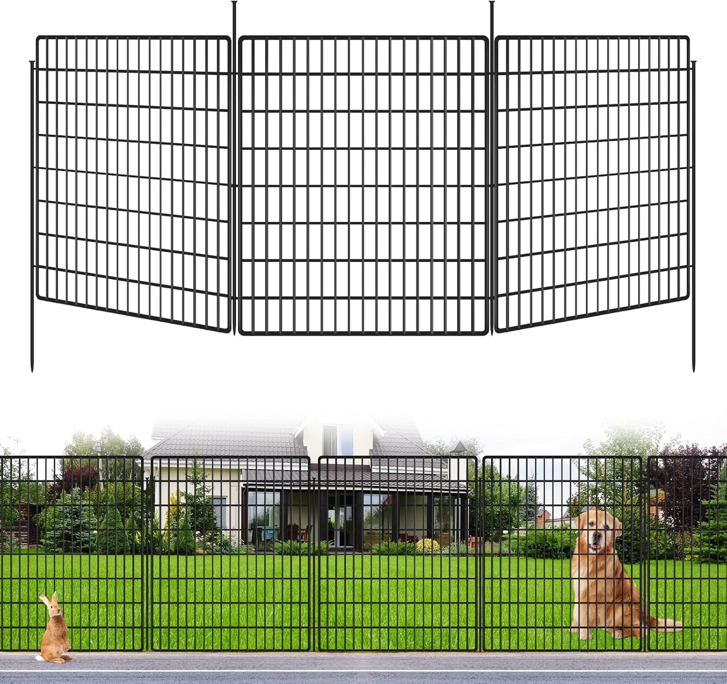 10 Panels Garden Fencing Animal Barrier, 33 in(H) X 24 ft(L) Dog Fence Outdoor for Yard Rustproof No Dig Decorative Tall Garden Fence Metal Wire Panel Border Patio Rabbit Ground Stakes Fencing
