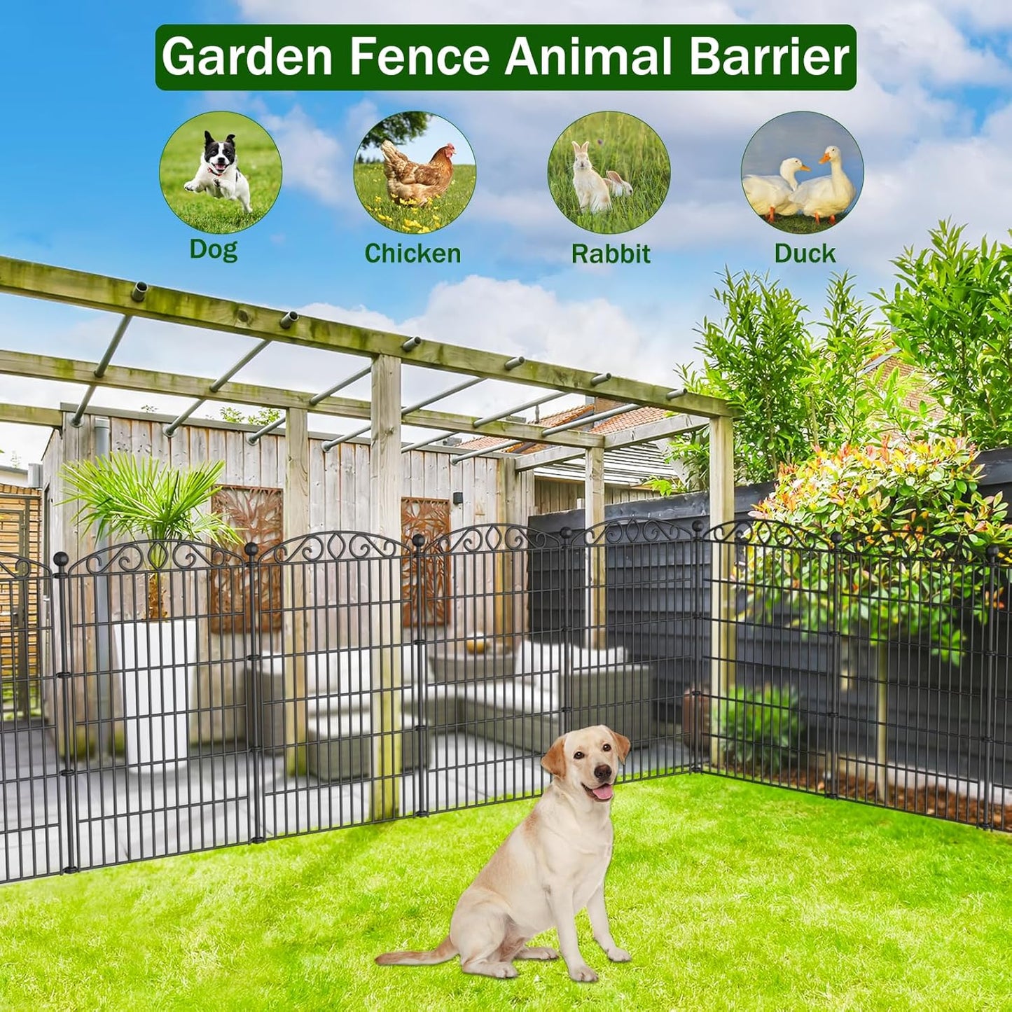 12 Panel No Dig Decorative Garden Fence with Gate - 42in H x 25.55ft L, Tall Animal Barrier for Dogs Rabbits, Rustproof Metal Wire Panels for Yard, Patio, and Outdoor Border Use
