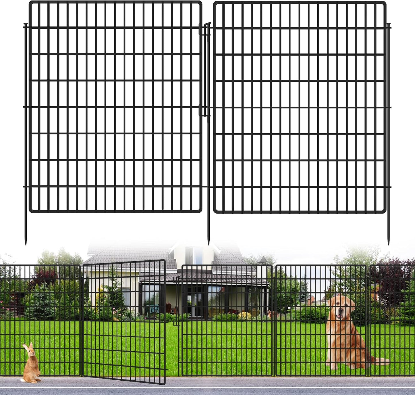 10 Panels Garden Fencing Animal Barrier, 33 in(H) X 24 ft(L) Dog Fence Outdoor for Yard Rustproof No Dig Decorative Tall Garden Fence Metal Wire Panel Border Patio Rabbit Ground Stakes Fencing