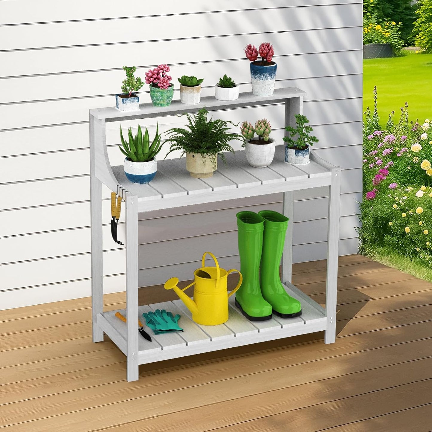 Premium Wood Potting Bench with Storage & Hooks - Durable All-Weather Garden Workstation for Patio, Deck & Yard - 360 lbs Capacity, Rust & Fade Resistant