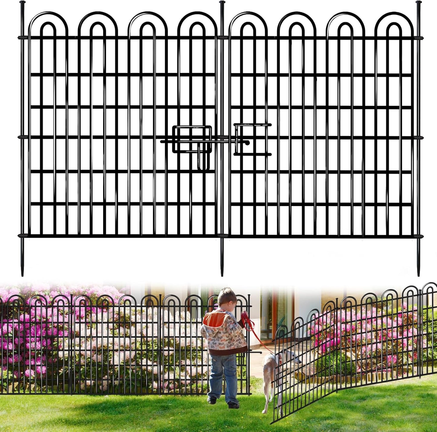 15 Panels Tall Garden Animal Barrier Fence with Gate, 33 in(H) X 36.8 ft(L) No Dig Decorative Garden Fence Outdoor for Yard, Heavy Duty Rustproof Metal Edging Border for Dog, Rabbits