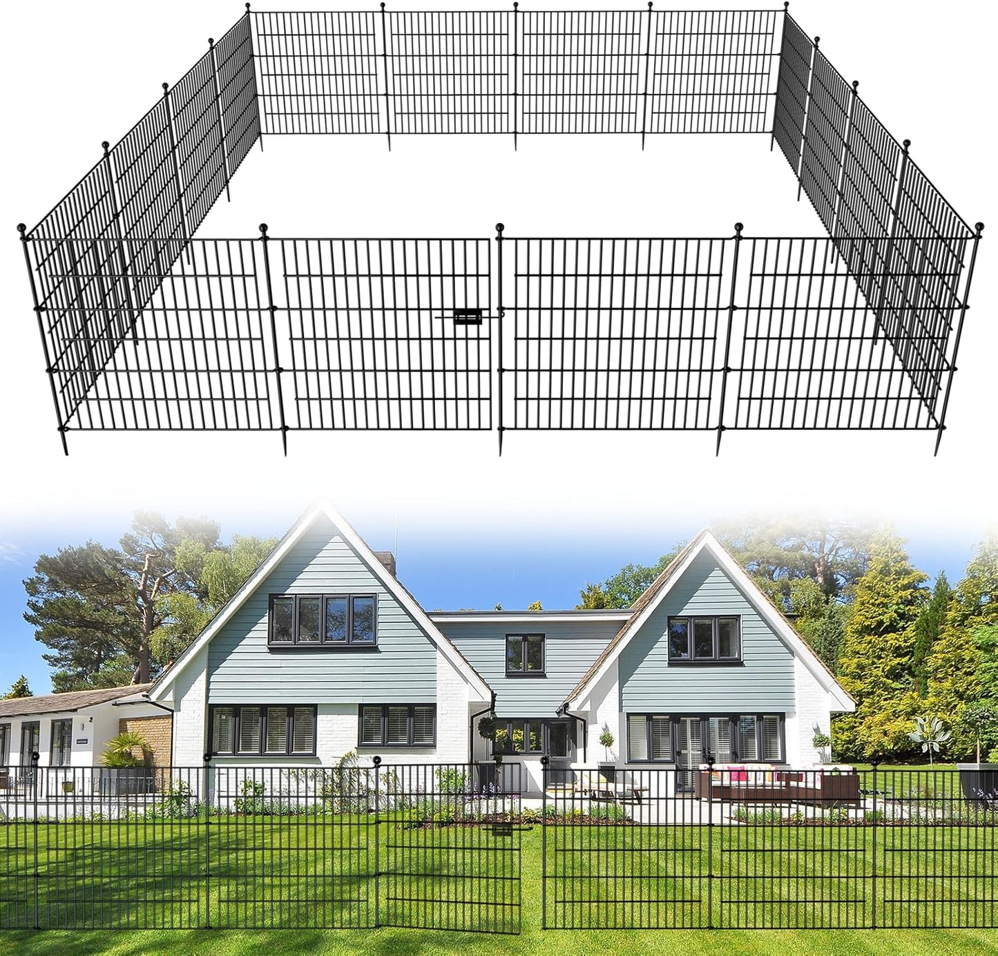 10 Panels No Dig Decorative Outdoor Garden Fence for Yard, 32 in(H) X 23.6 ft(L) Animal Barrier Fencing Rustproof Metal Wire Panel Border for Dog, Rabbits, and Patio Temporary Ground Stakes