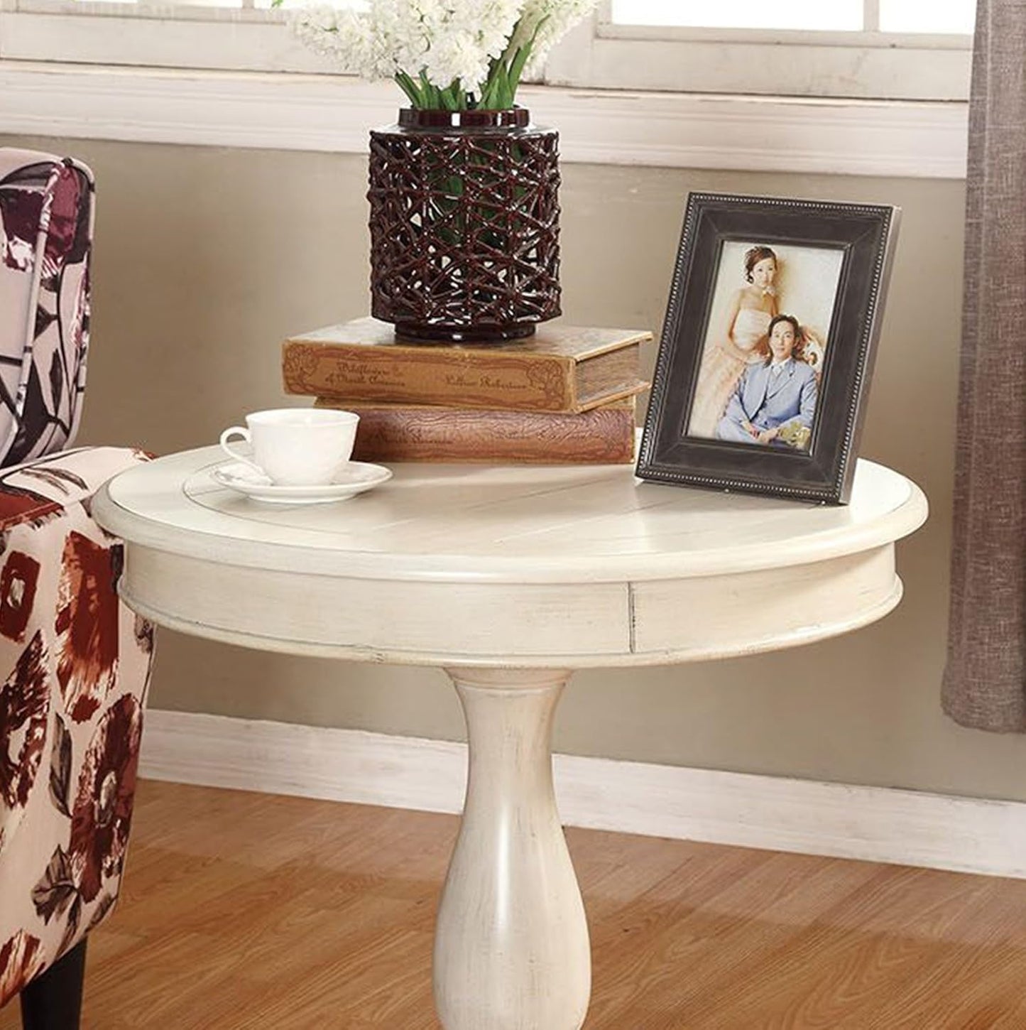 Roundhill Furniture Rene Round Wood Pedestal Side Table, Antique White