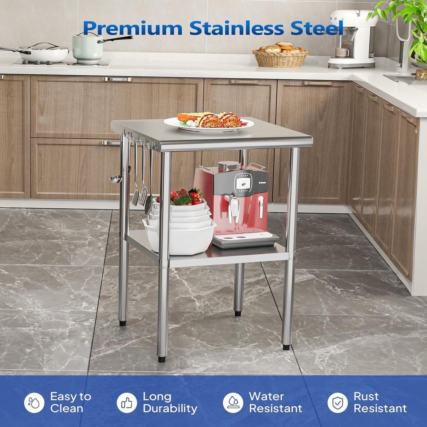 ROVSUN 24'' x 24'' Stainless Steel Table for Prep & Work,Commercial Worktables & Workstations, NSF Heavy Duty Metal Table with Adjustable UnderShelf for Kitchen Restaurant,Home,Hotel,Outdoor