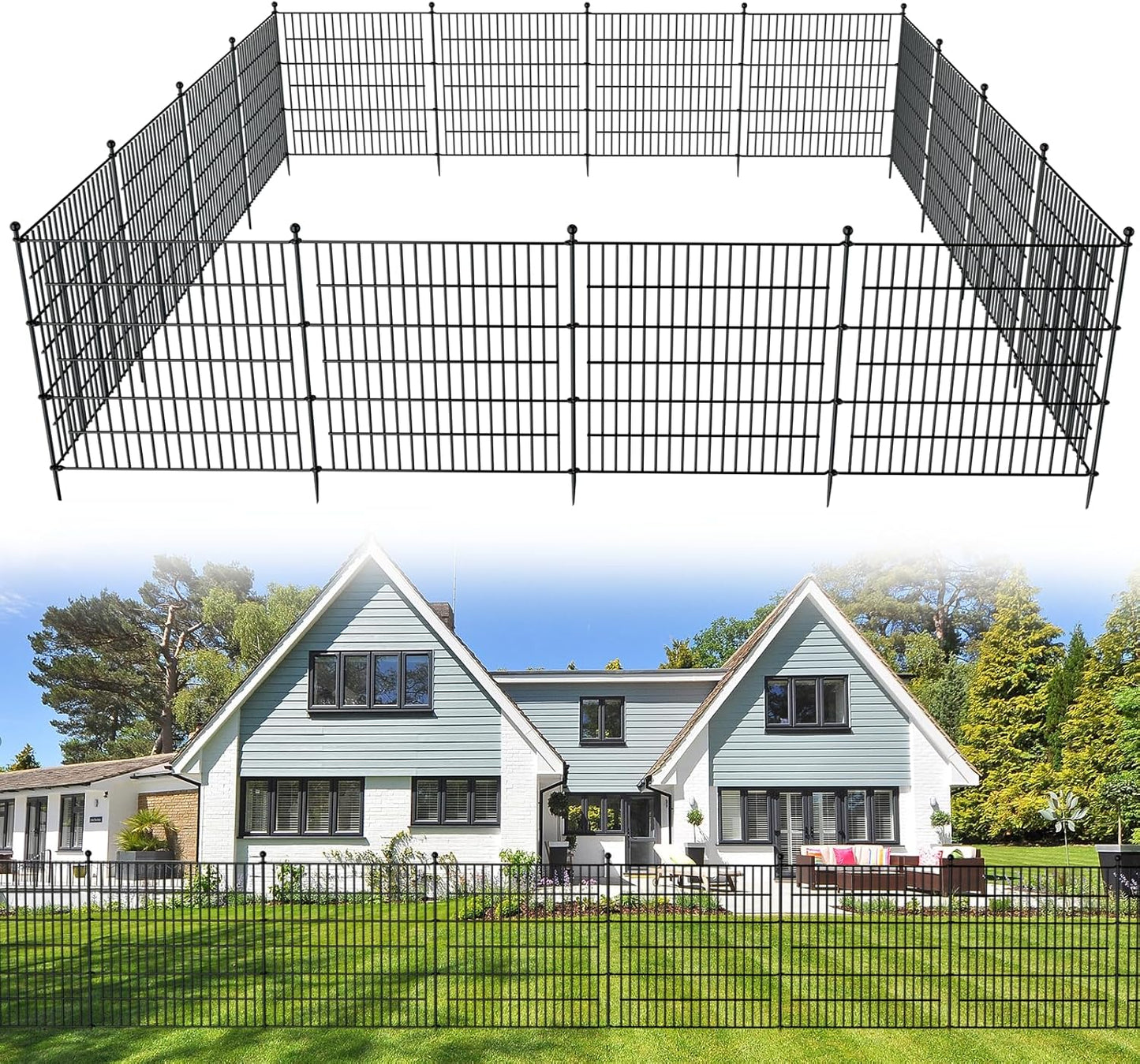 10 Panels No Dig Decorative Outdoor Garden Fence for Yard, 32 in(H) X 23.6 ft(L) Animal Barrier Fencing Rustproof Metal Wire Panel Border for Dog, Rabbits, and Patio Temporary Ground Stakes