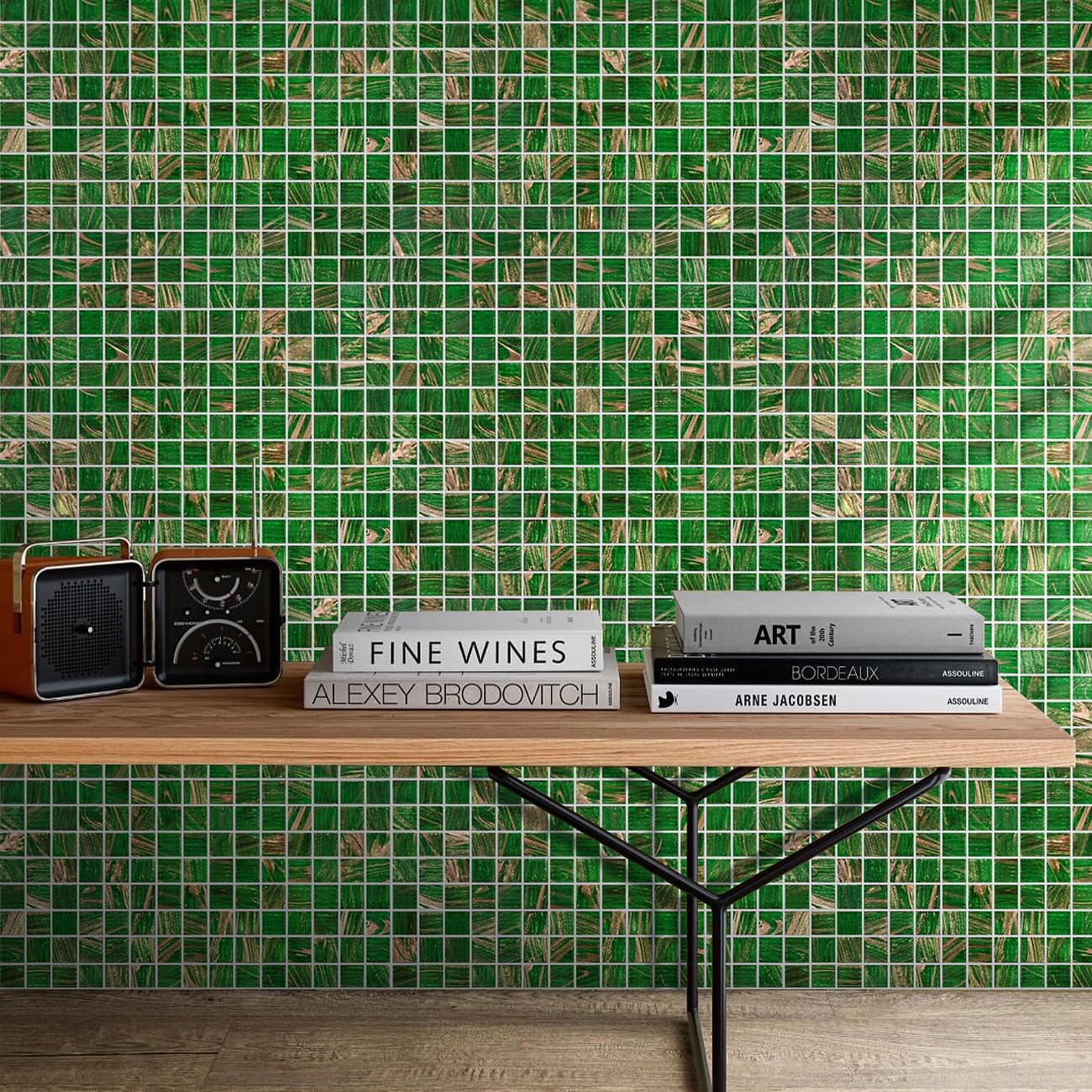 11.5sqft Emerald Green Mosaic Iridescent Bathroom Floor Tile, Pool Tile, Kitchen Backsplash, Bathroom Backsplash and Wall Tiles, Accent Wall, Swimming Pool, Shower, Fireplace,(10pcs, Green)