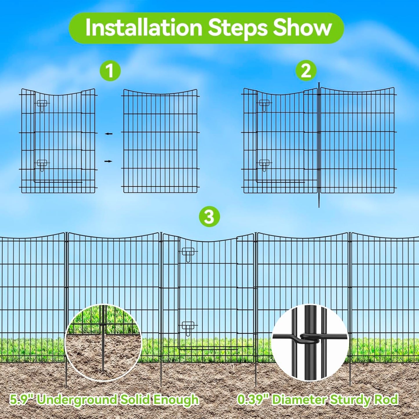INJOPEXI Decorative Garden Fence 12 Panels 26ft(L)×36in(H) Metal Garden Fences with 11 Panels + 1 Gate, Animal Barrier Rabbit Fence Rustproof Wire Temporary Dog Fencing Outdoor for Backyard Lawn