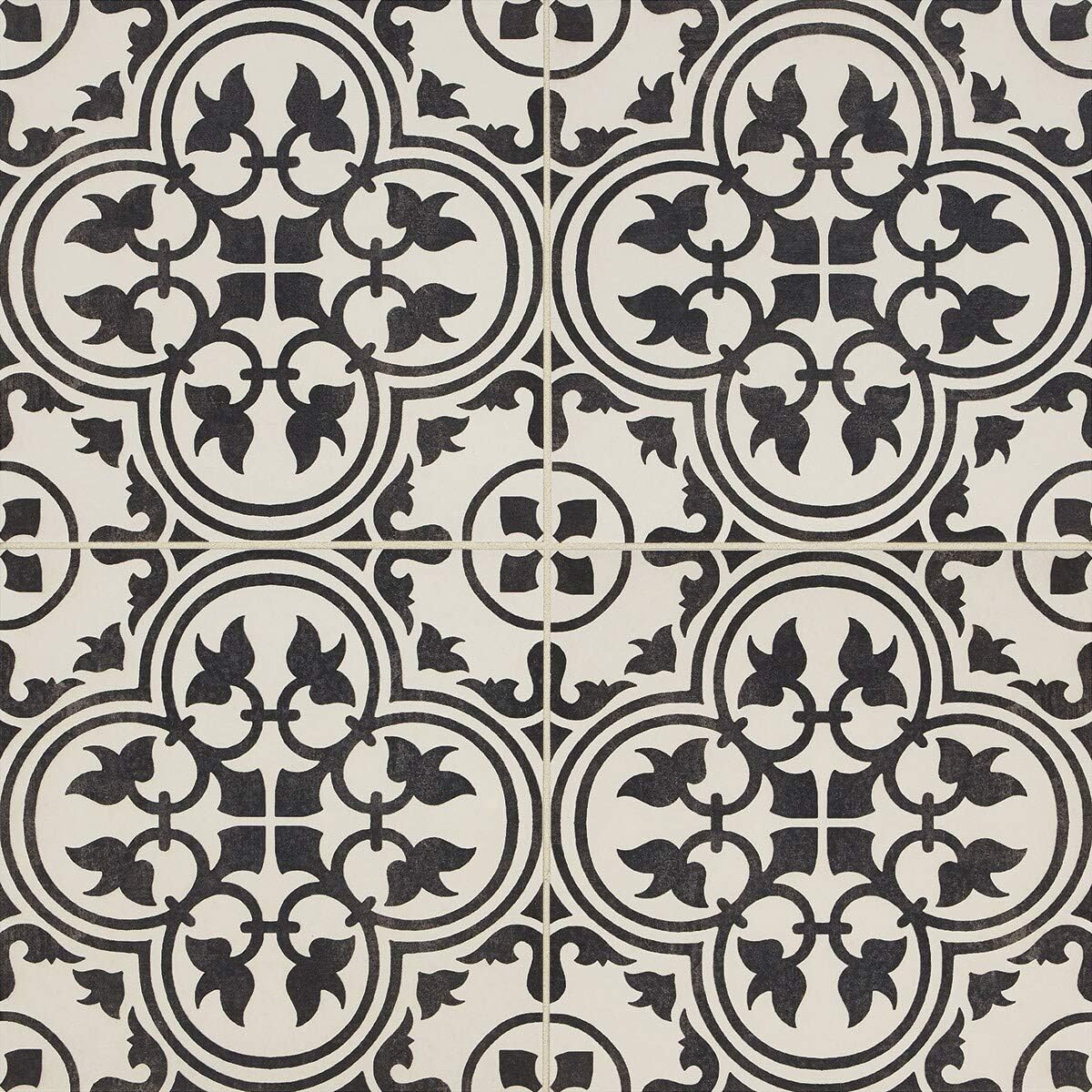 12x12 Flora Black White Encaustic Ceramic Tile (10 Piece 10SF Pack)