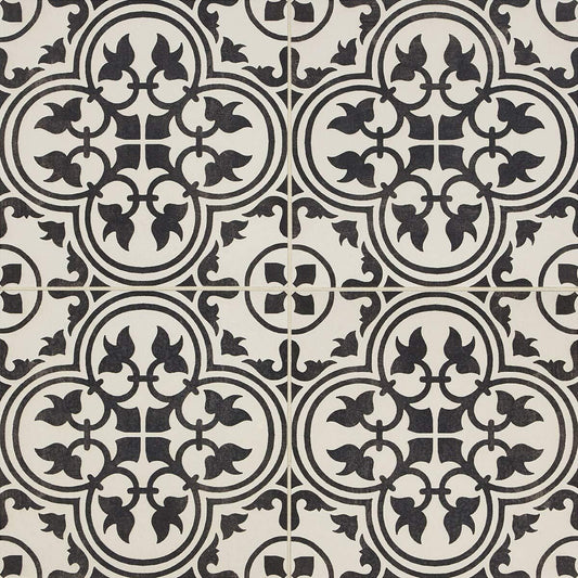 12x12 Flora Black White Encaustic Ceramic Tile (10 Piece 10SF Pack)